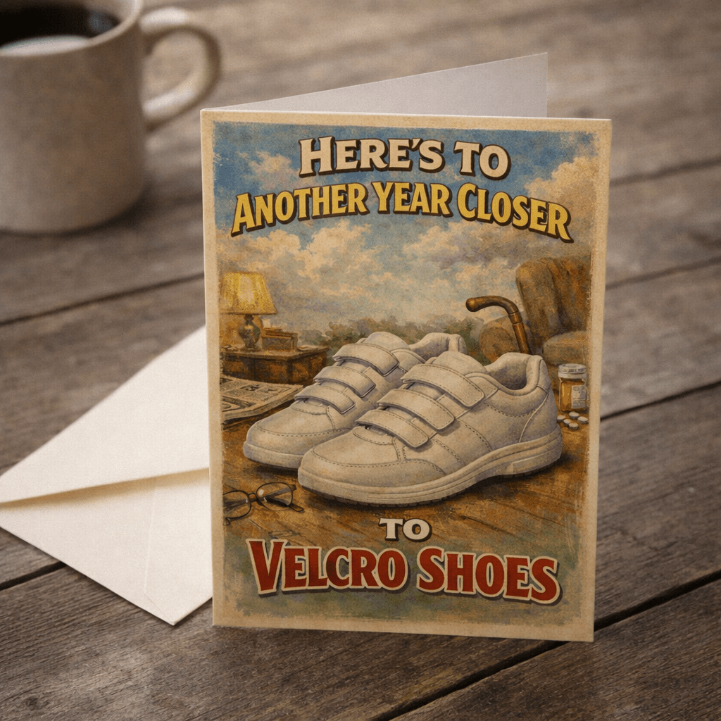 Heres to Another Year Closer to Velcro Shoes Birthday Card - Box Turtle