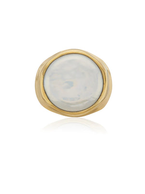 Large Wavy Coin Pearl Signet Ring
