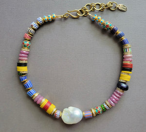 Nepalese Mosaic Beads & Pearl Necklace