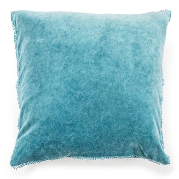 Indigo Velvet Pillow With Poms - Box Turtle