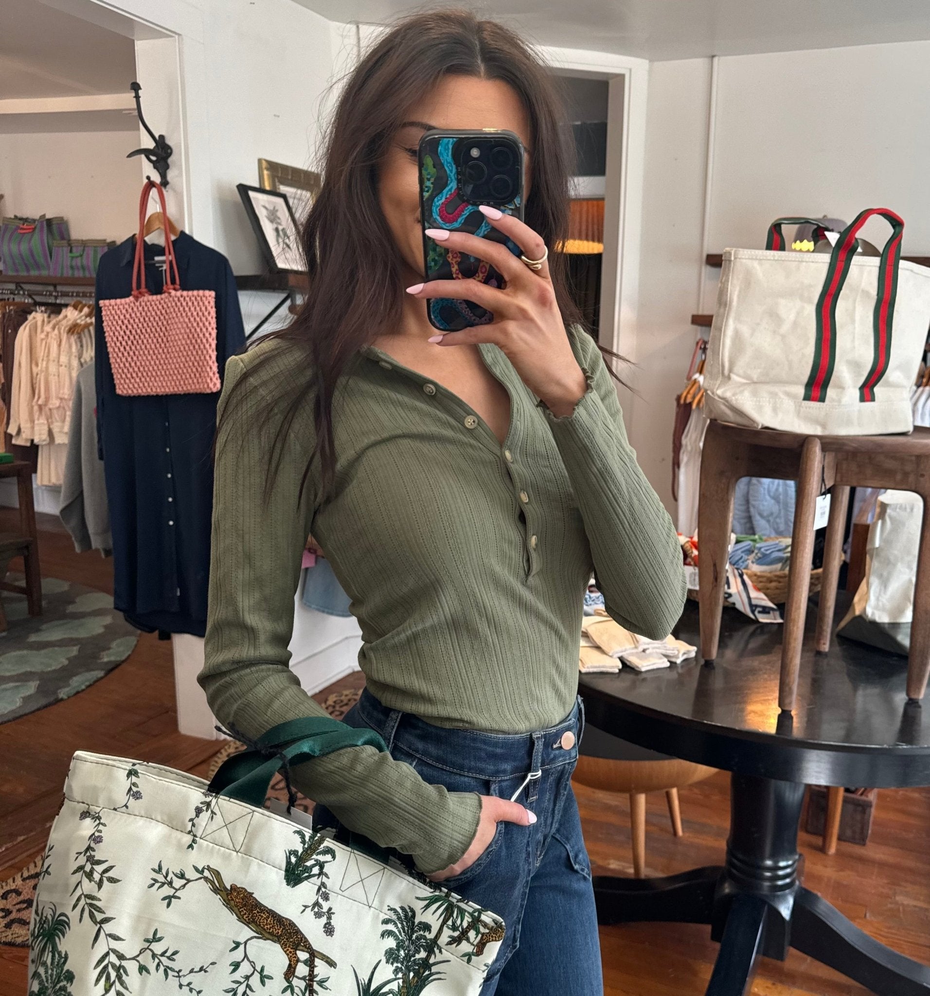 Island Olive Paradise Pointelle Henley - Box Turtle