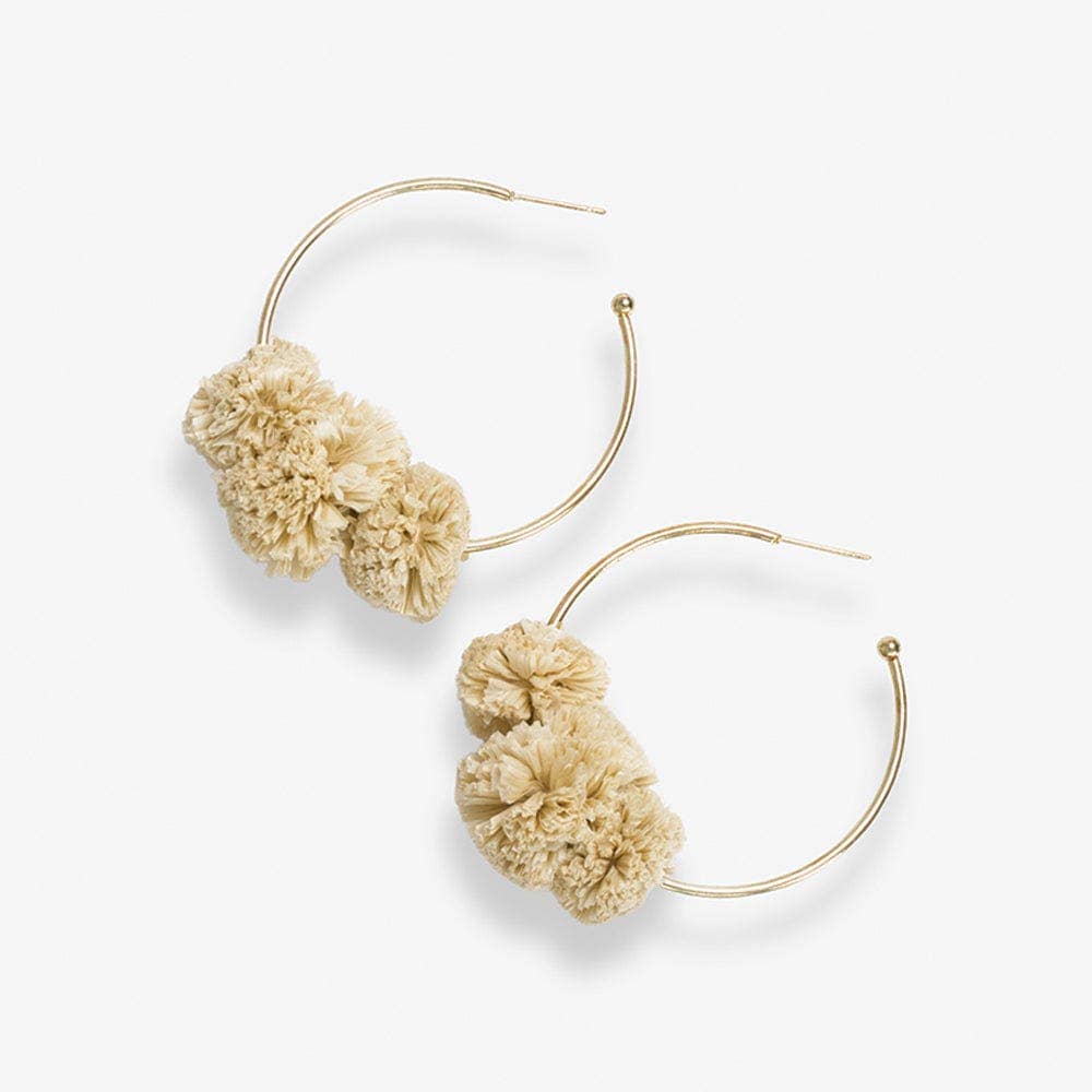 Ivory Rita Raffia Poms Hoop Earrings - Box Turtle