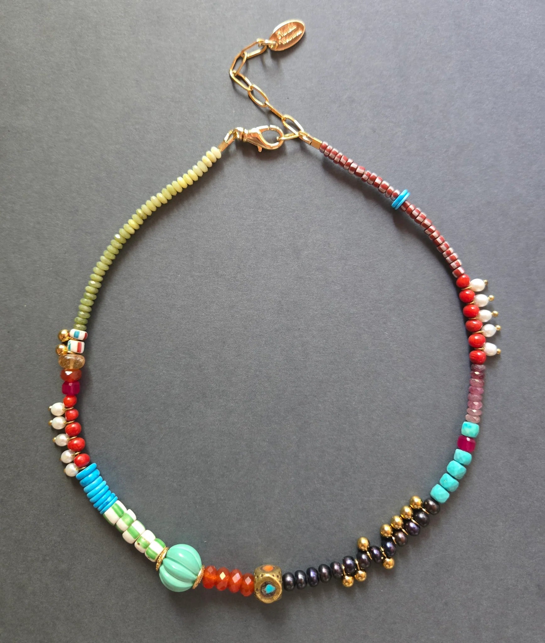 Jade &amp; Turquoise Mosaic Beaded Necklace - Box Turtle
