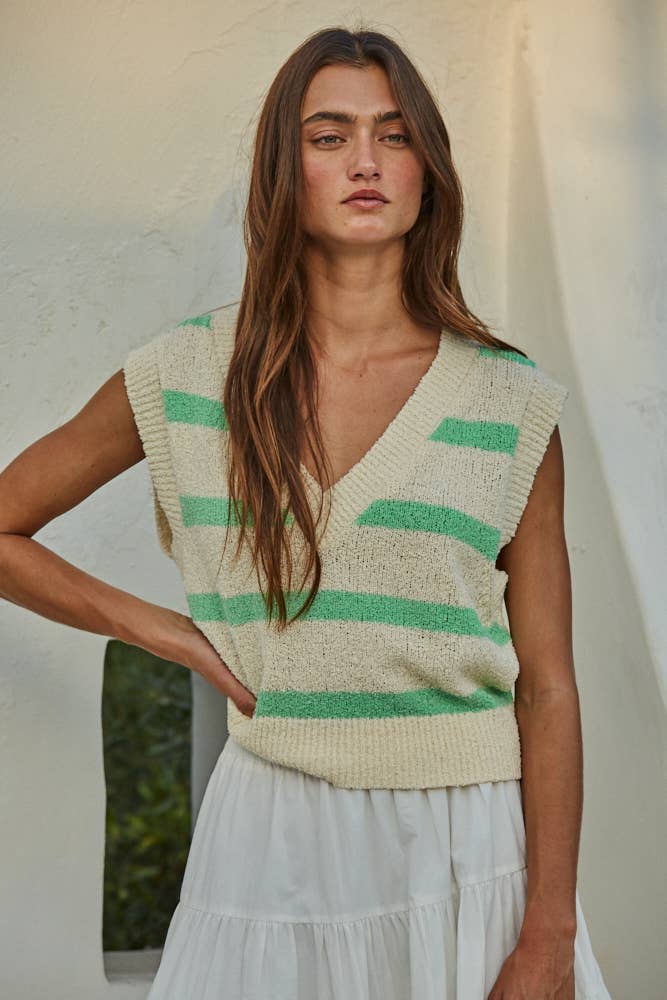 Knit Sweater Vest Top - Cream & Green - Box Turtle