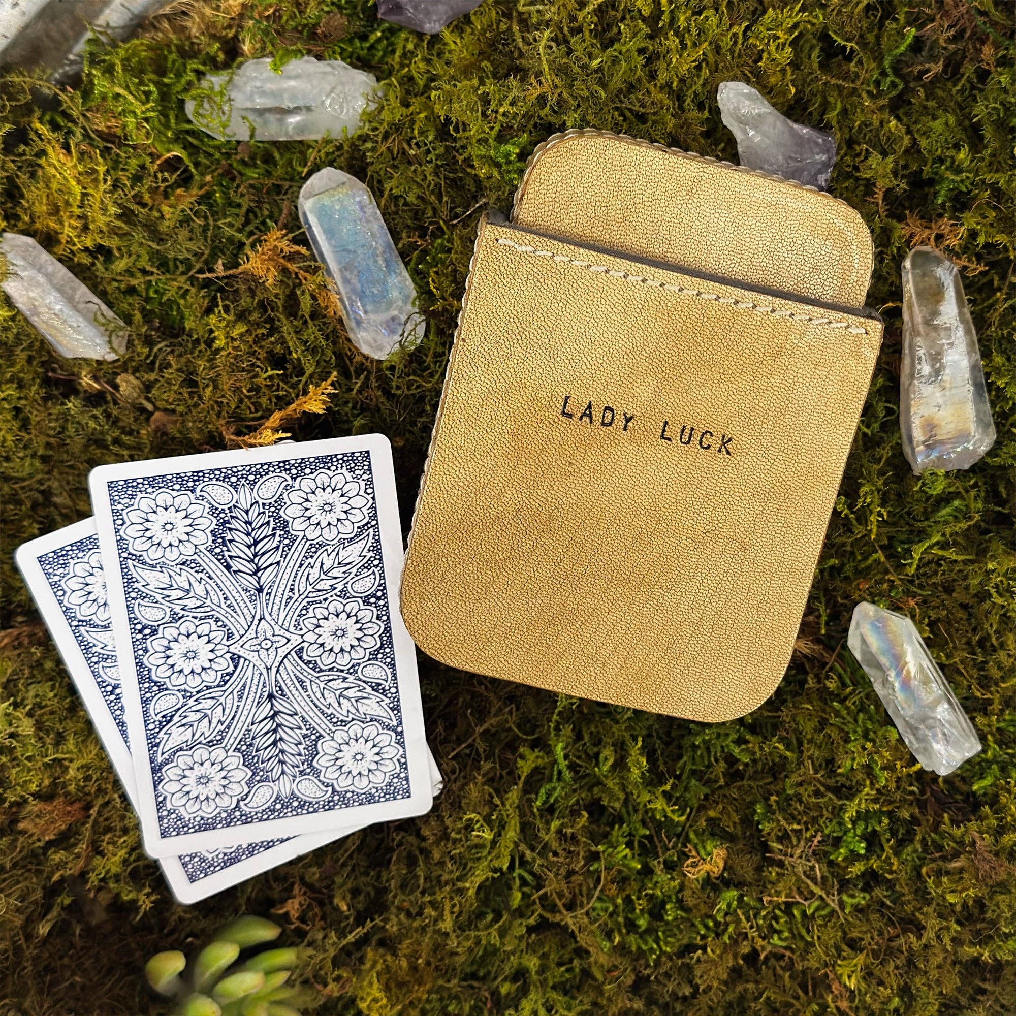 Lady Luck Leather Playing Cards in Honey Case - Box Turtle