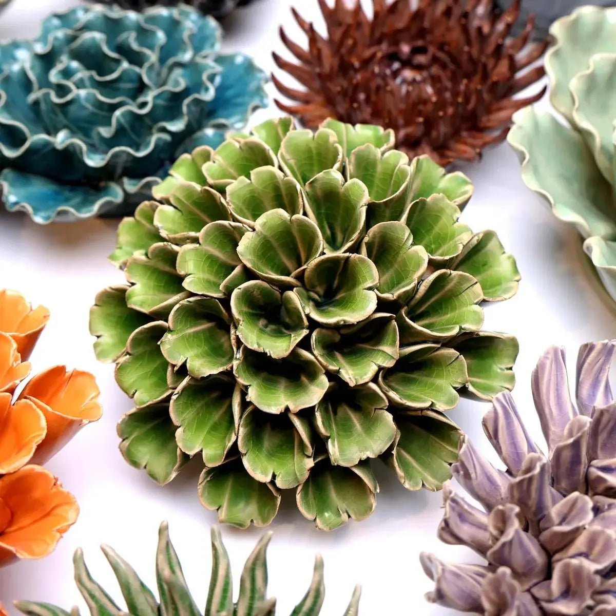 Large Green Polyp Ceramic Flower Art - Box Turtle