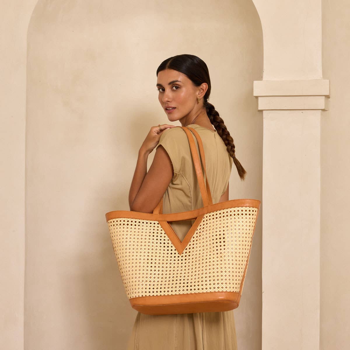 Large Square Cane Weave Rattan Tote with Triangle - Box Turtle