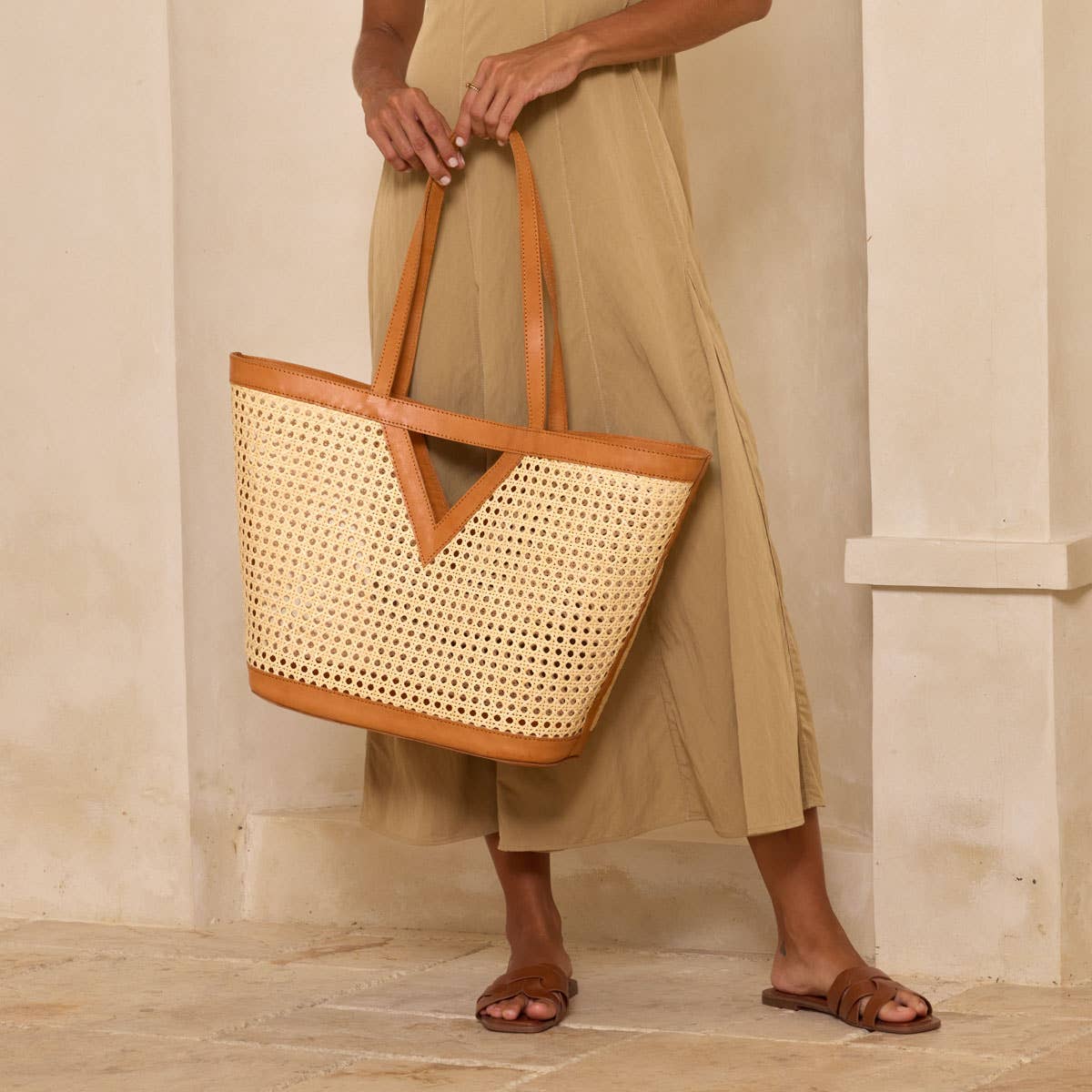 Large Square Cane Weave Rattan Tote with Triangle - Box Turtle