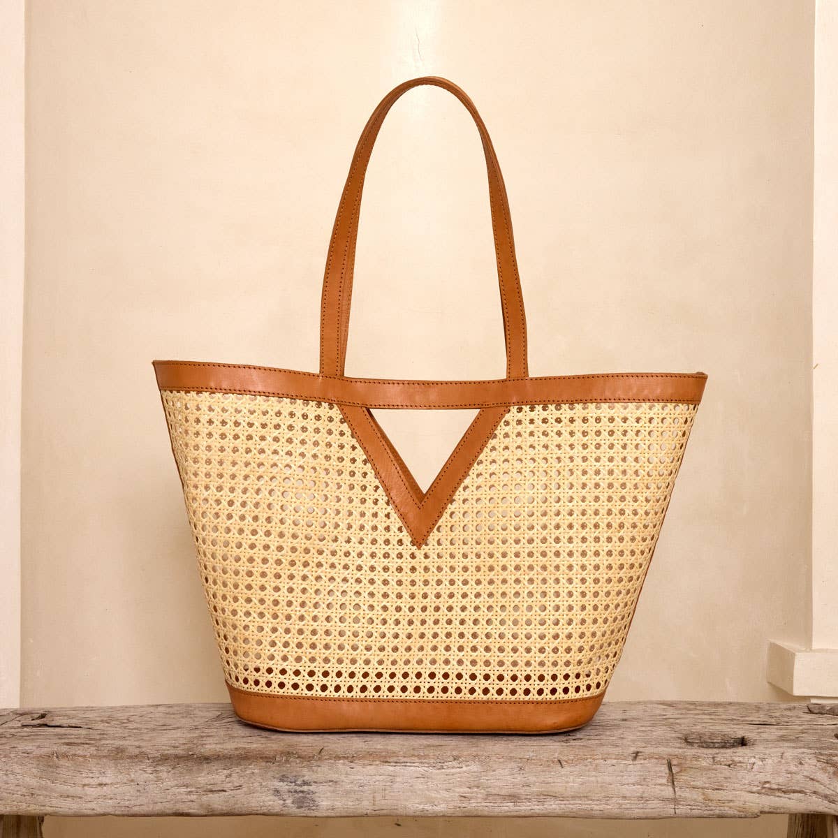 Large Square Cane Weave Rattan Tote with Triangle - Box Turtle