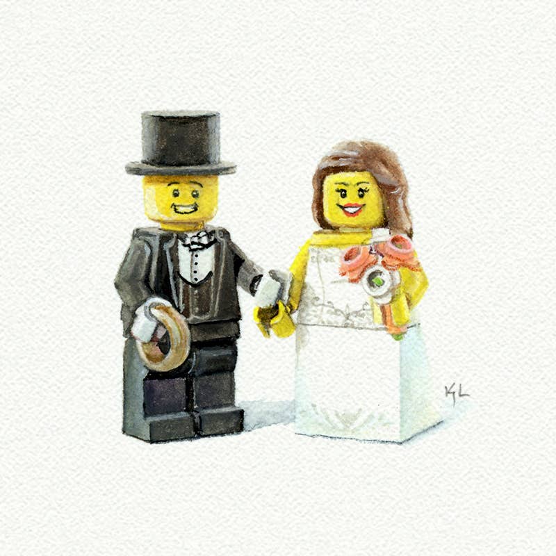Lego Bride and Groom Miniature Watercolor Painting - Box Turtle