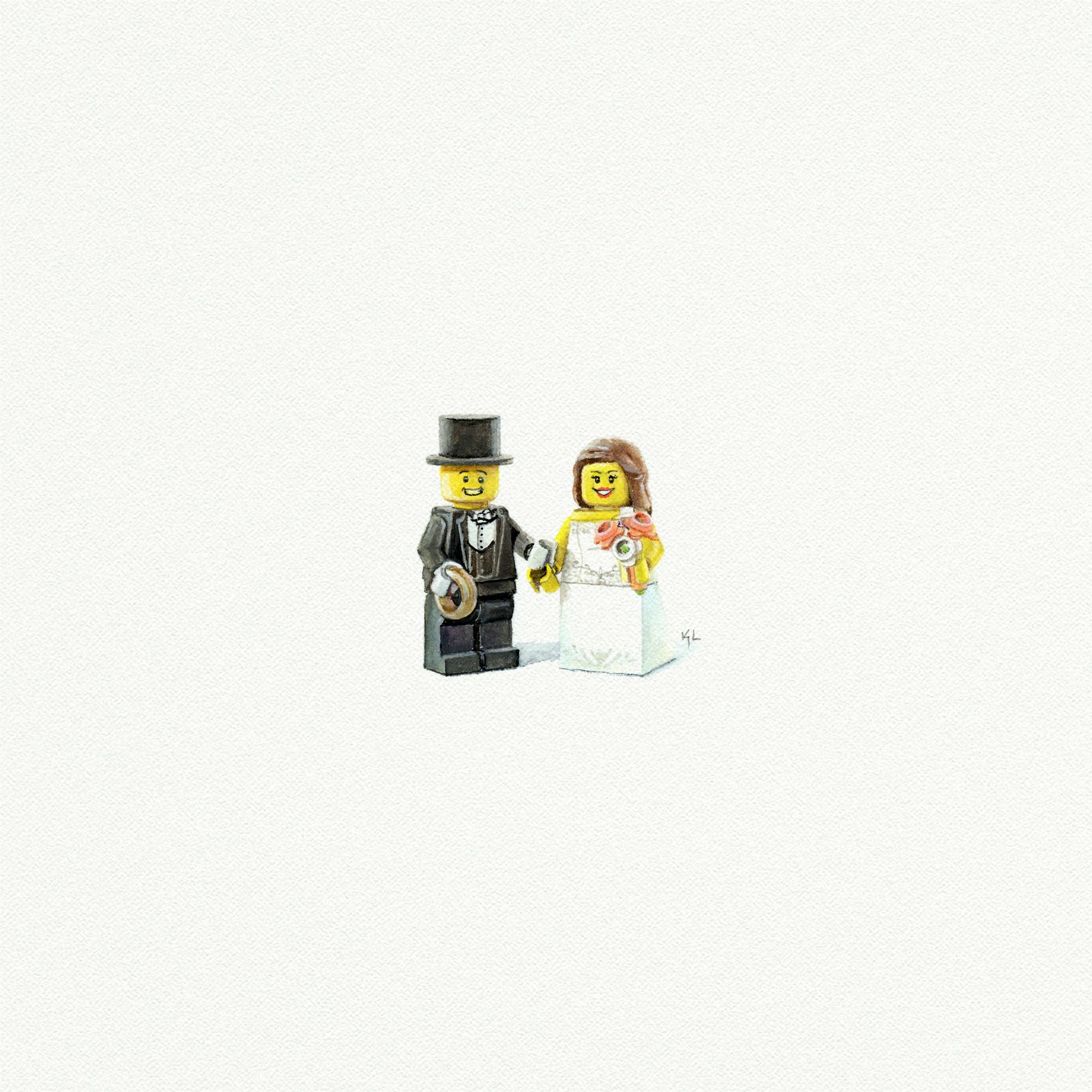 Lego Bride and Groom Miniature Watercolor Painting - Box Turtle