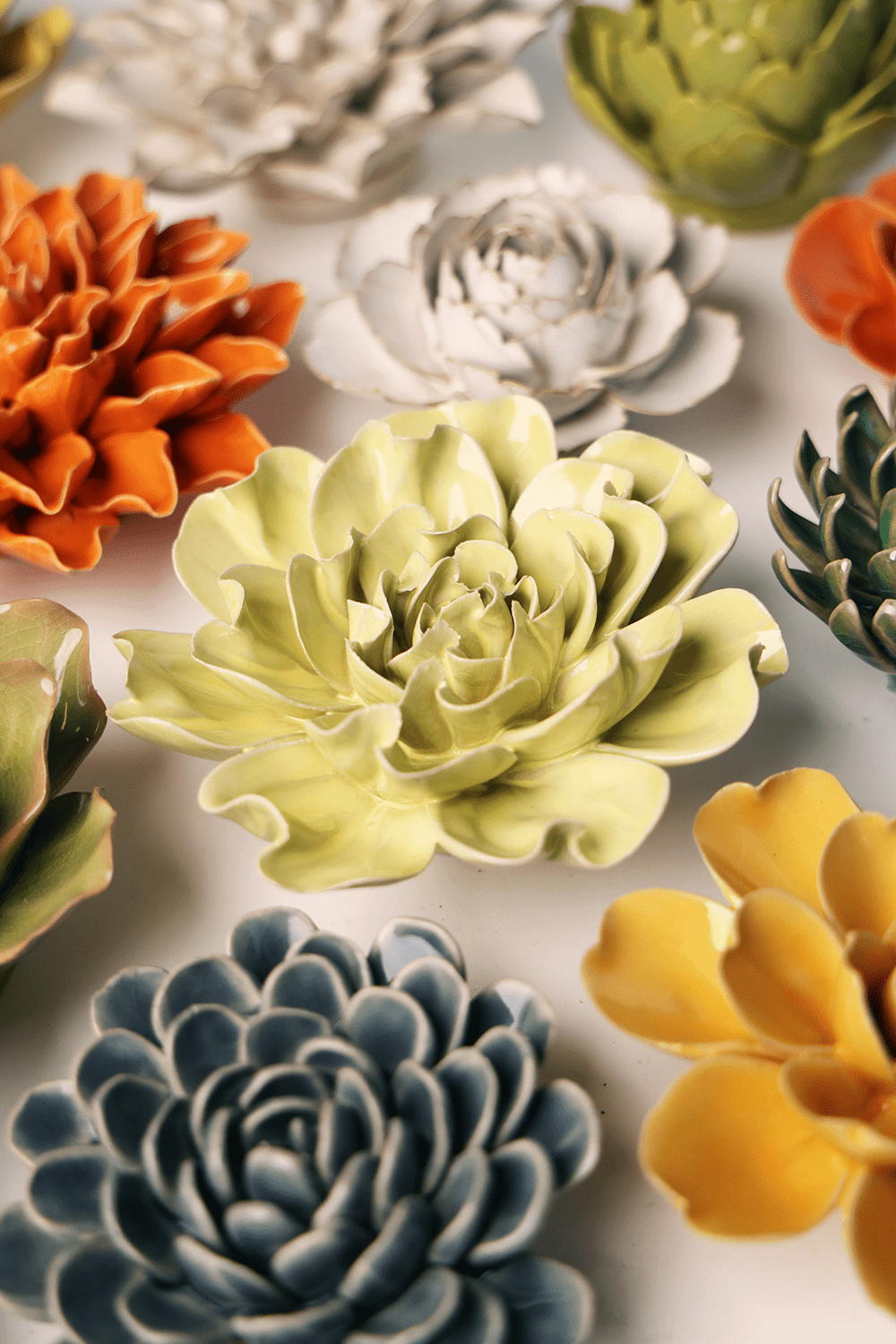 Lime Yellow Larkspur Ceramic Flower - Box Turtle