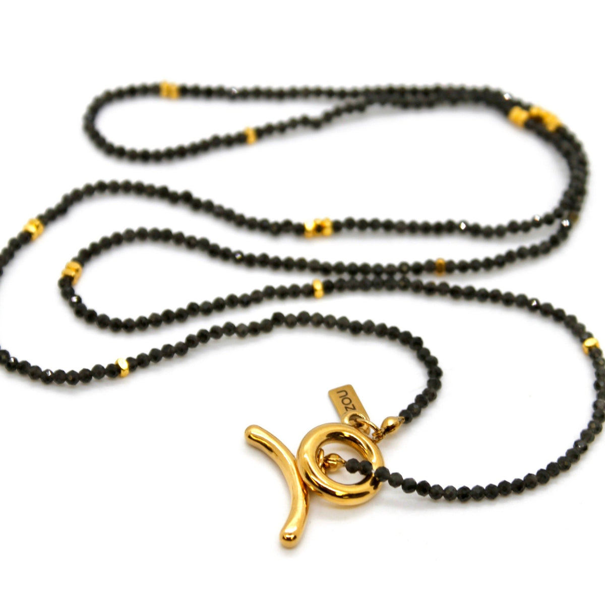 Long Black Obsidian Stone and Gold Luxury Necklace - Box Turtle