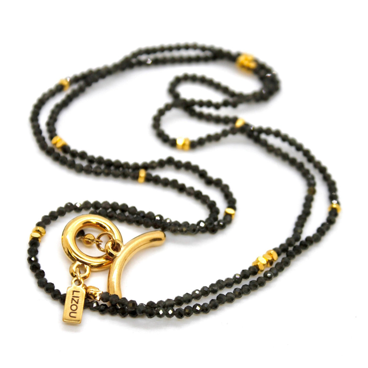 Long Black Obsidian Stone and Gold Luxury Necklace - Box Turtle