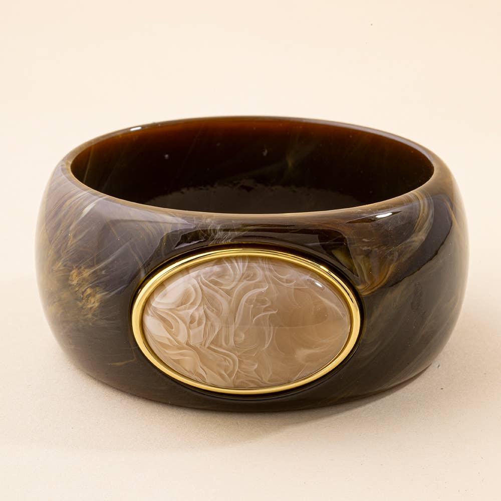 Marbled Wide Bangle Bracelet With Oval Cabochon - Box Turtle
