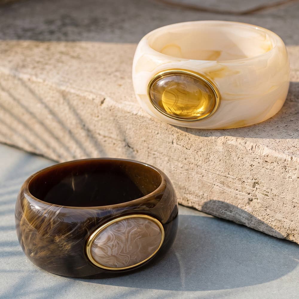 Marbled Wide Bangle Bracelet With Oval Cabochon - Box Turtle