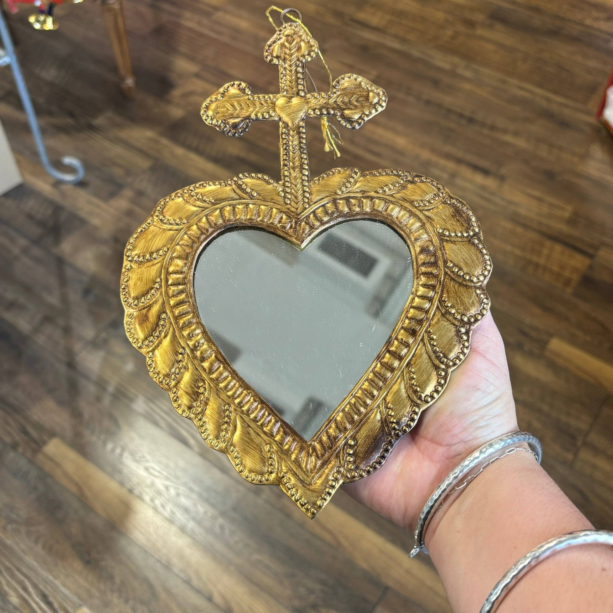 Medium Cross on Heart Tin Mirror - Box Turtle