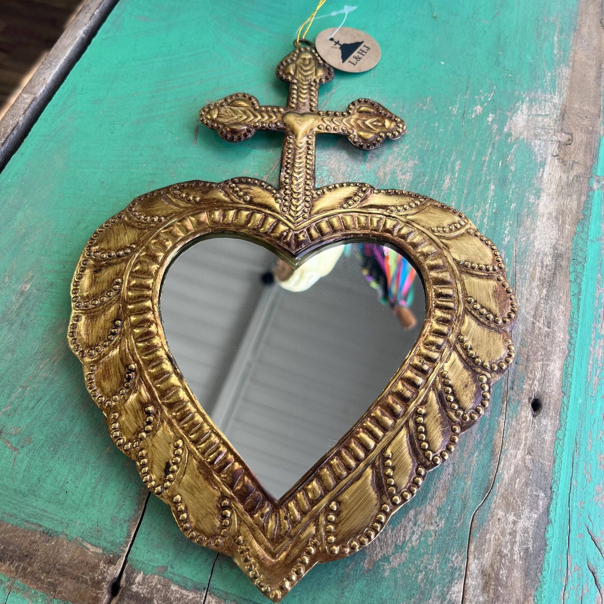 Medium Cross on Heart Tin Mirror - Box Turtle