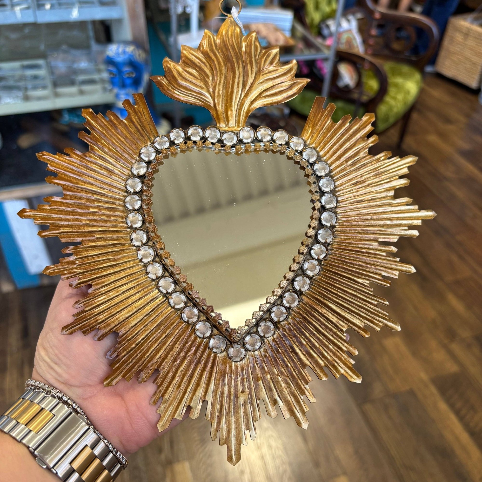 Medium Jeweled Rays Gold Sacred Heart Mirror - Box Turtle