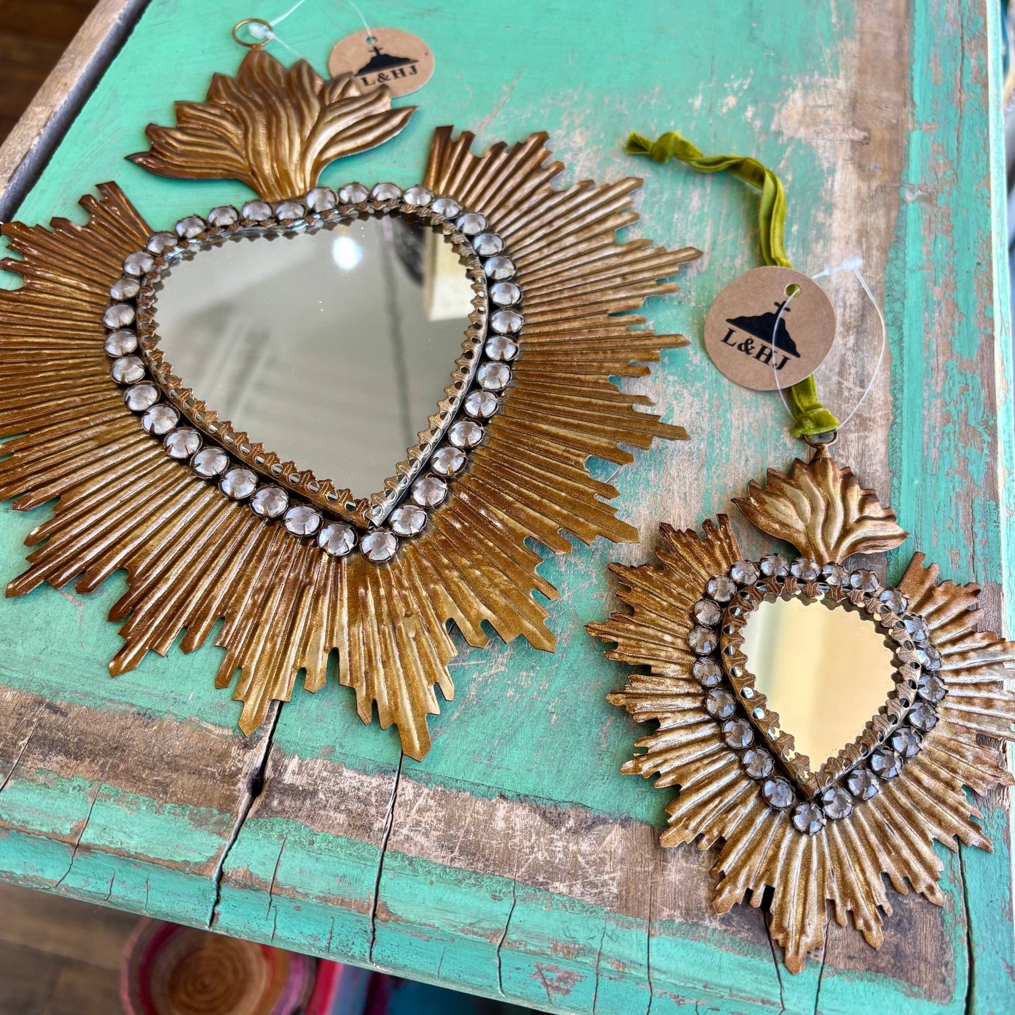Medium Jeweled Rays Gold Sacred Heart Mirror - Box Turtle