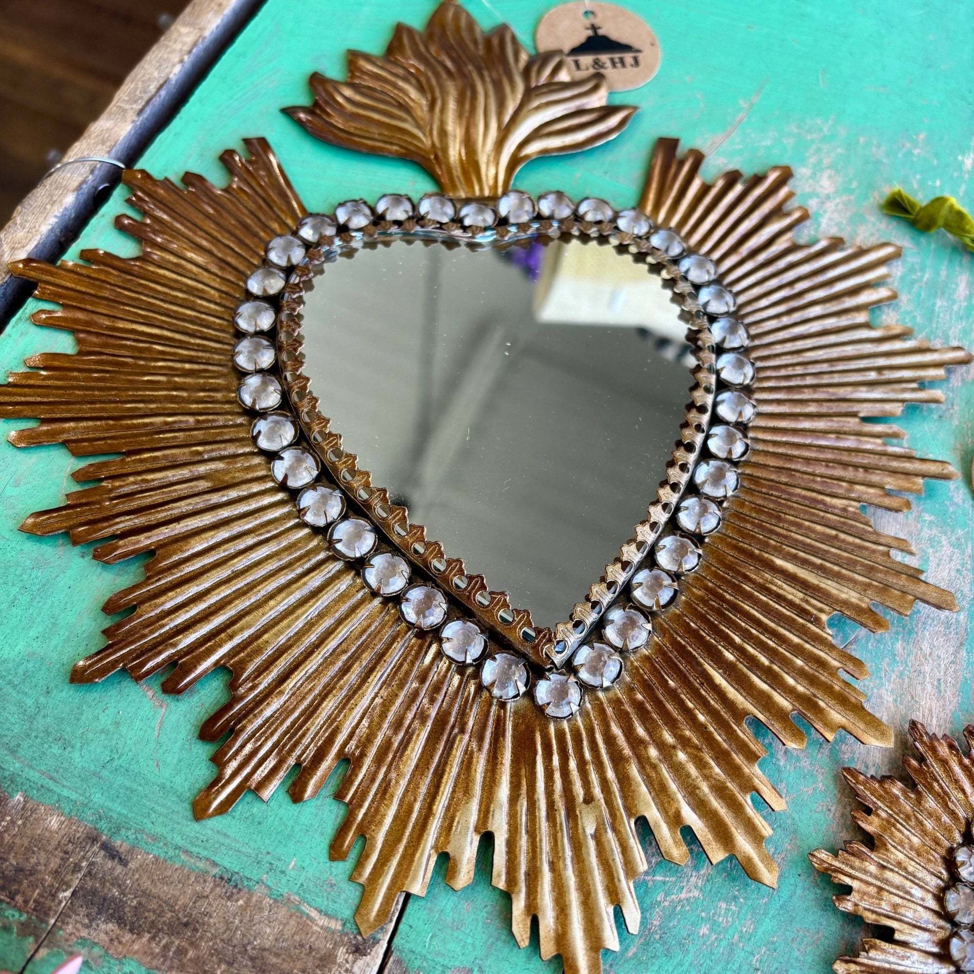 Medium Jeweled Rays Gold Sacred Heart Mirror - Box Turtle