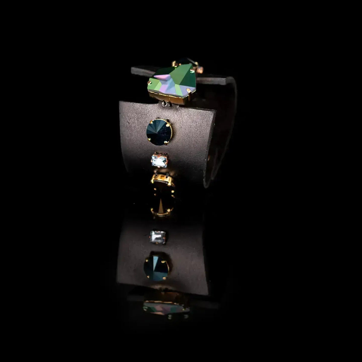 Midnight Steel Crystal Leather Cuff - Box Turtle