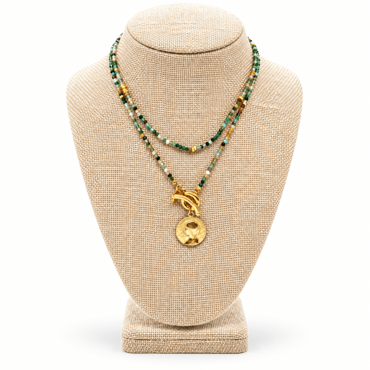 Mini Indian Agate Long French Religious Medal Necklace - Box Turtle
