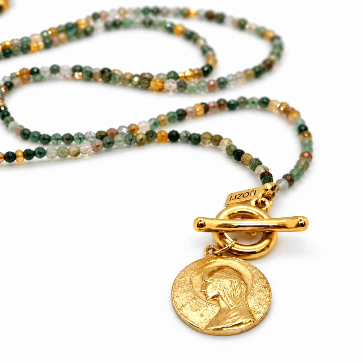 Mini Indian Agate Long French Religious Medal Necklace - Box Turtle