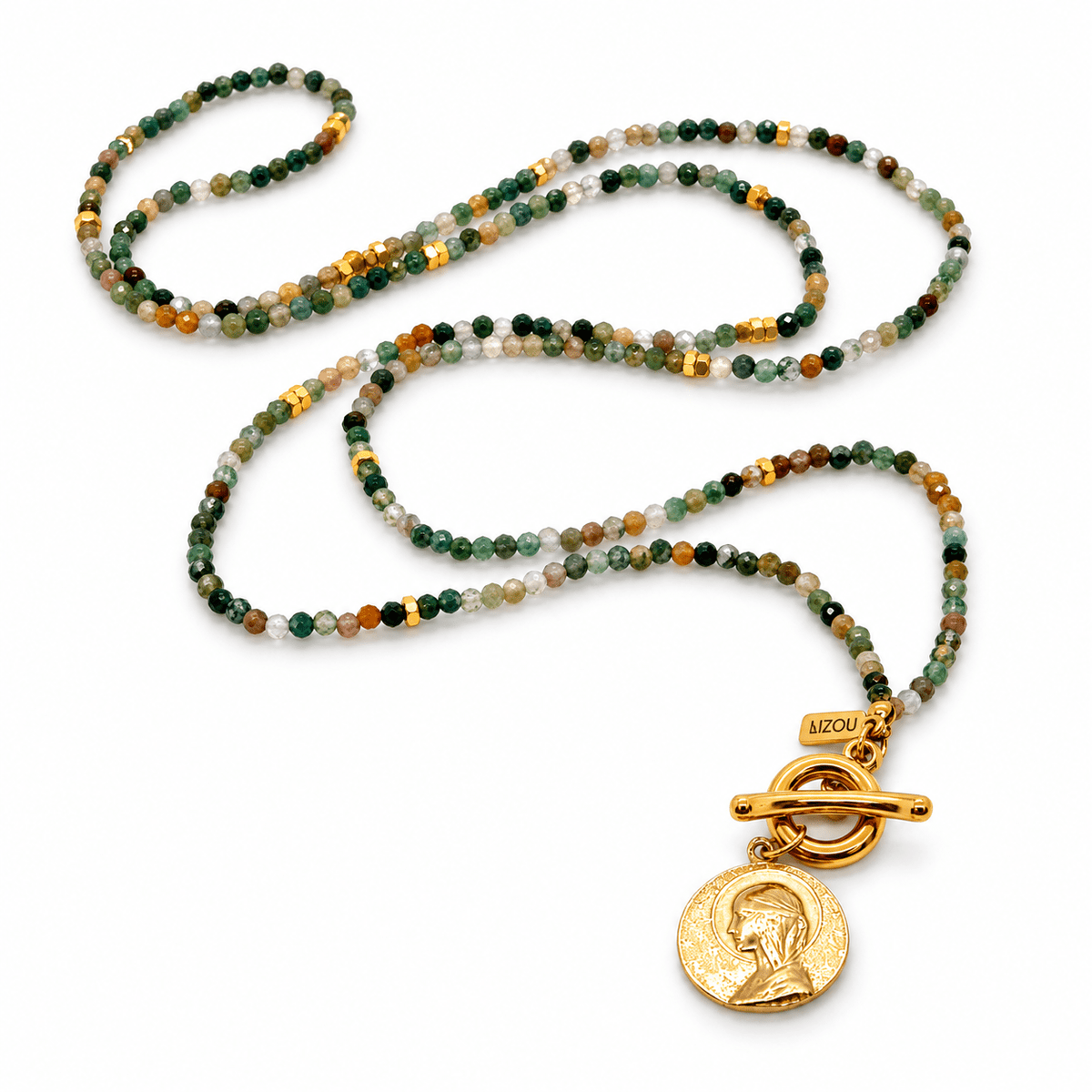 Mini Indian Agate Long French Religious Medal Necklace - Box Turtle