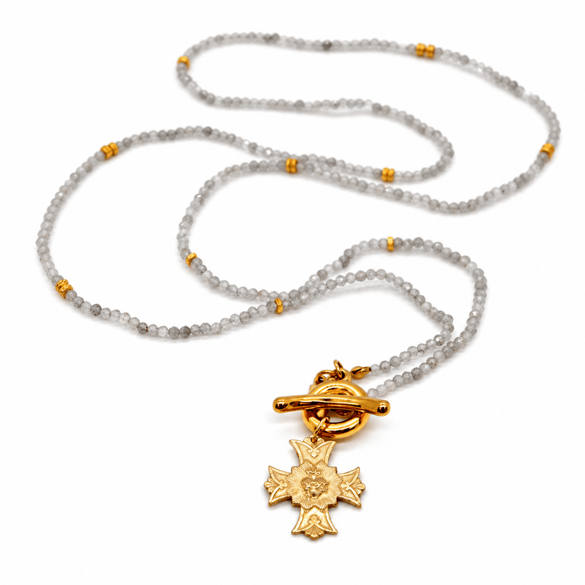 Mini Labradorite Long Delicate French Religious Medal Necklace - Box Turtle