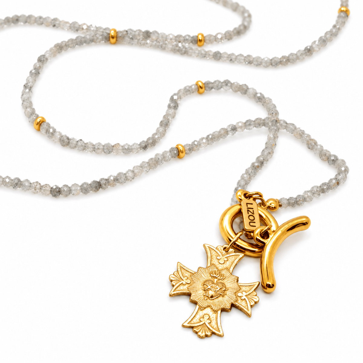 Mini Labradorite Long Delicate French Religious Medal Necklace - Box Turtle
