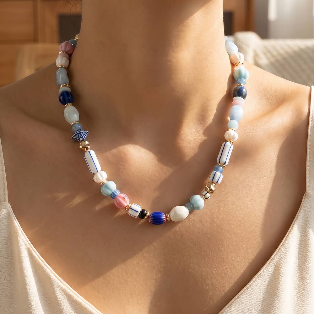 Mixed Ceramic Glass Bead Statement Necklace - Box Turtle