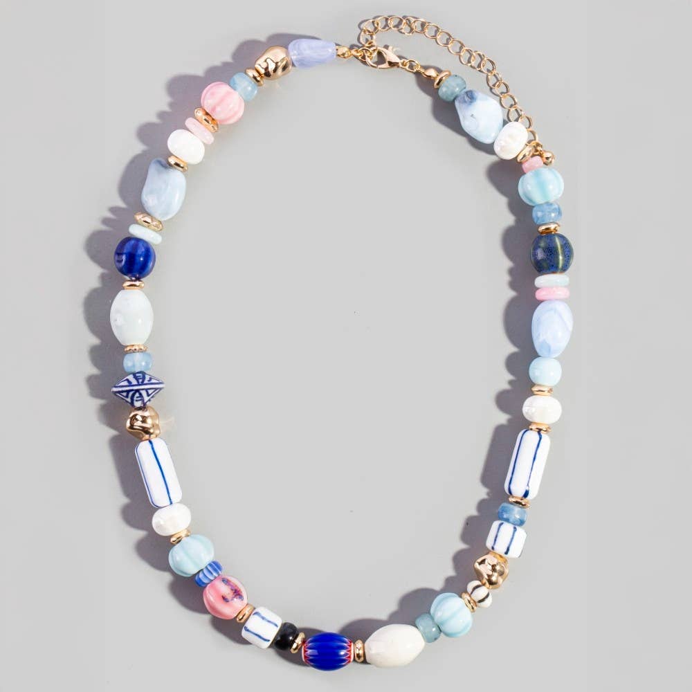 Mixed Ceramic Glass Bead Statement Necklace - Box Turtle