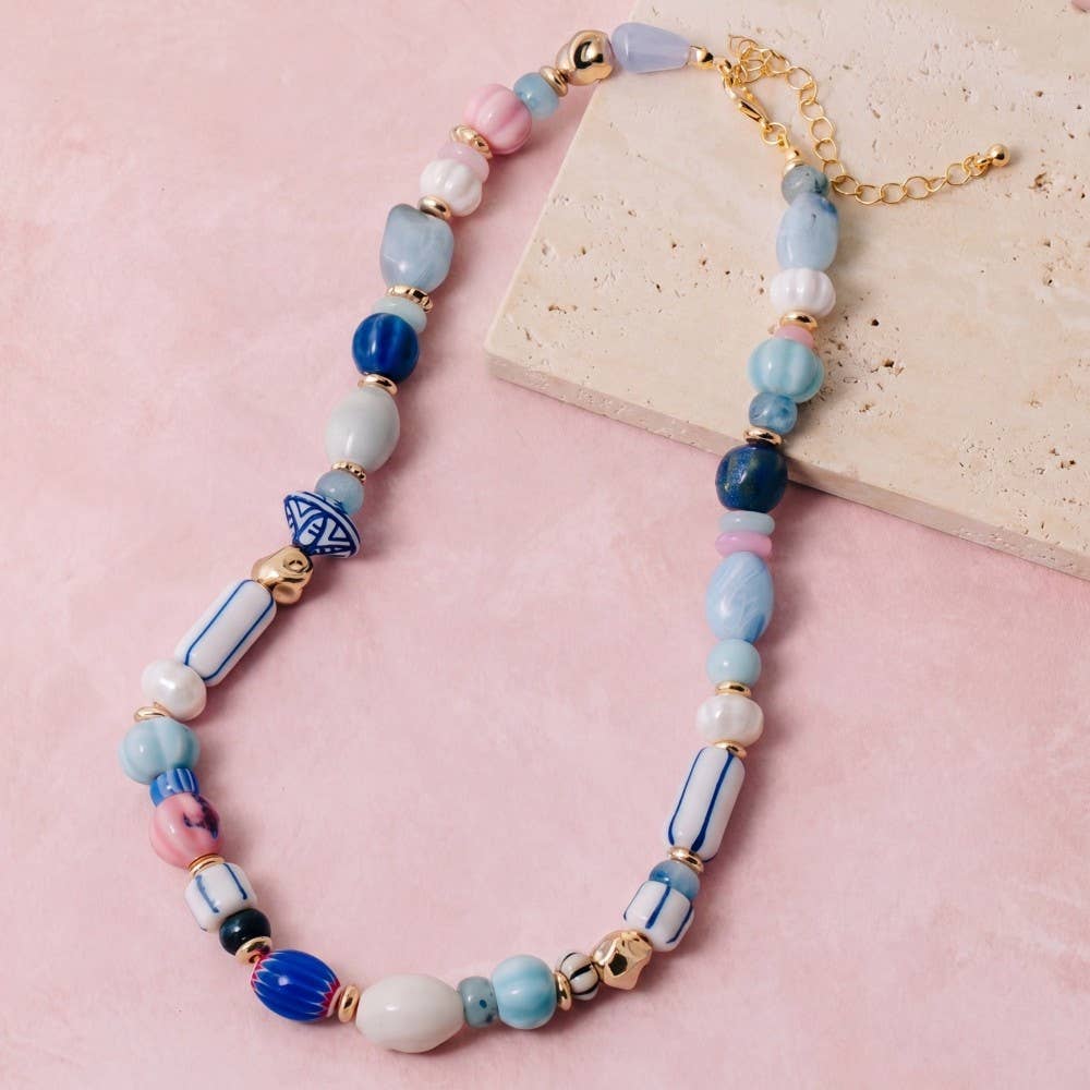 Mixed Ceramic Glass Bead Statement Necklace - Box Turtle