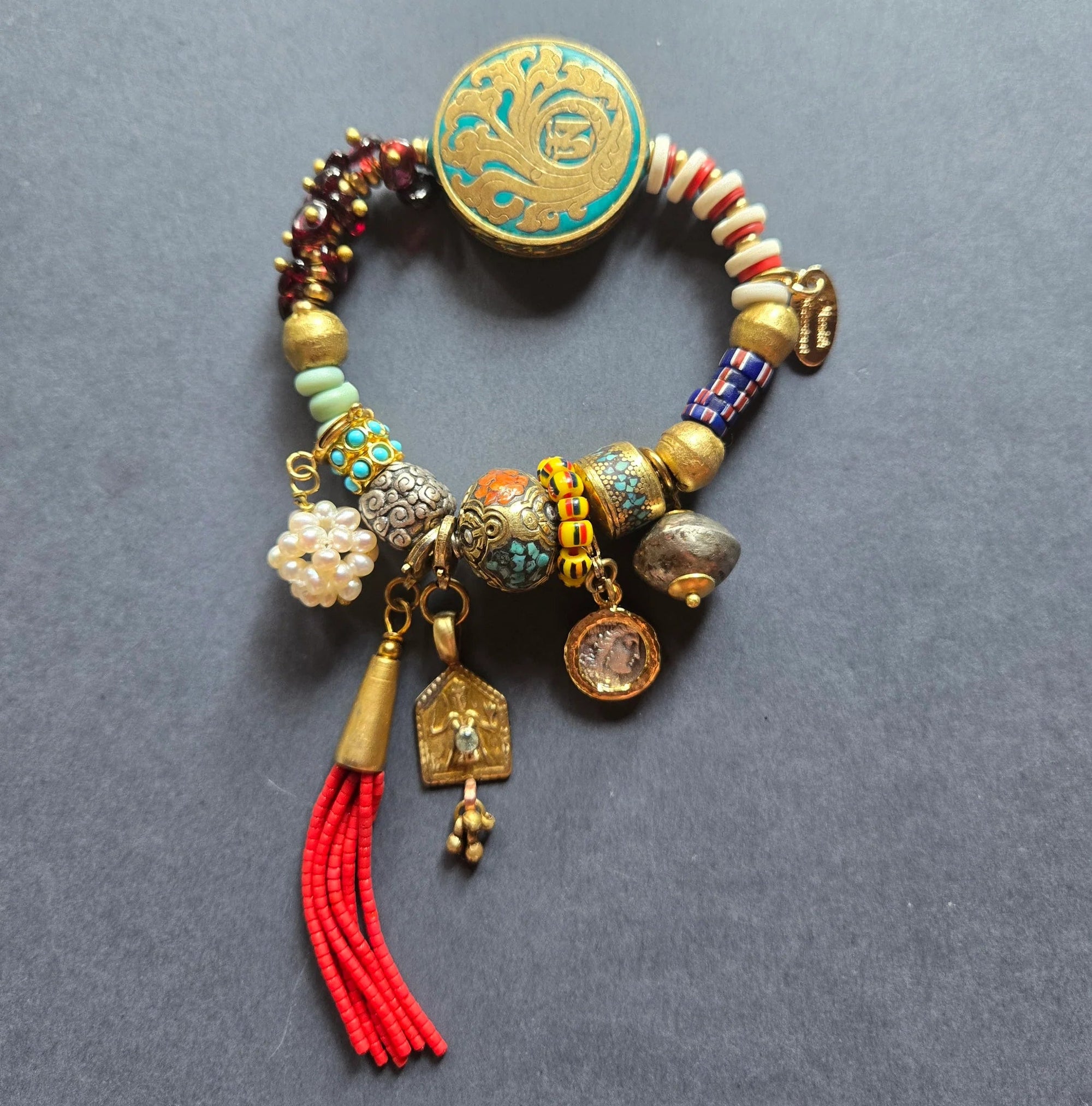 Mosaic Beads & Garnet with Red Tassel Bracelet - Box Turtle