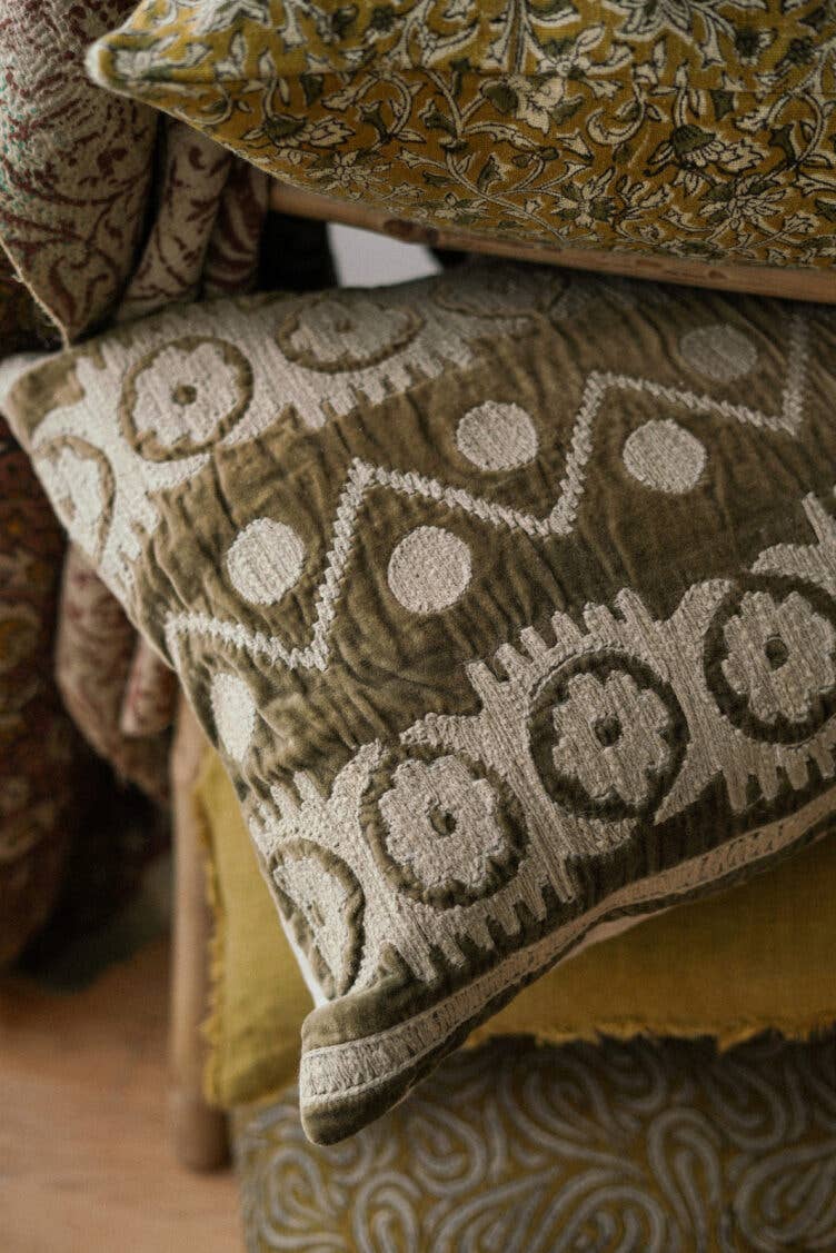 Moss Green Velvet Embroidered Pillow - Box Turtle
