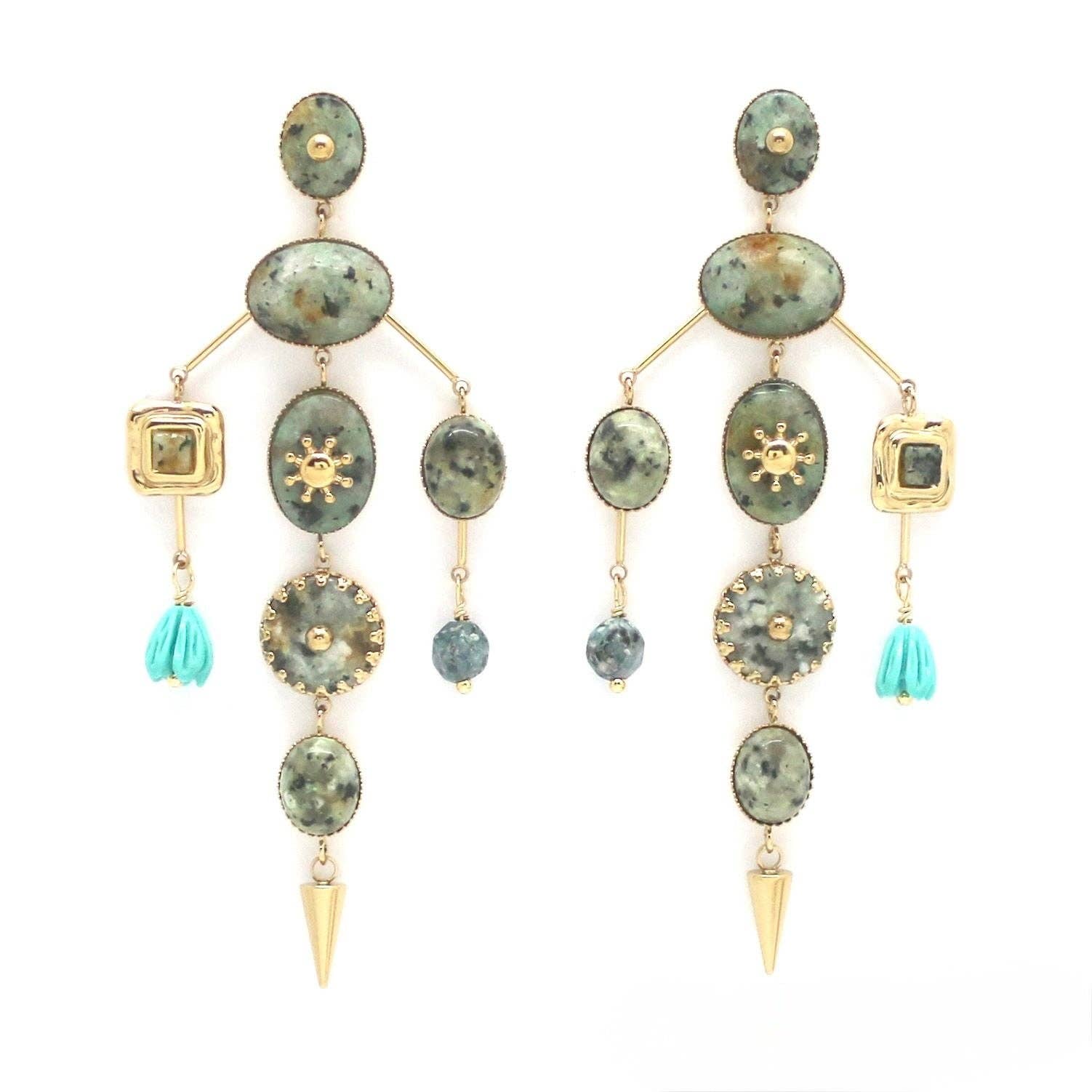 Museum Style Artsy African Turquoise Stone Mobile Earrings - Box Turtle