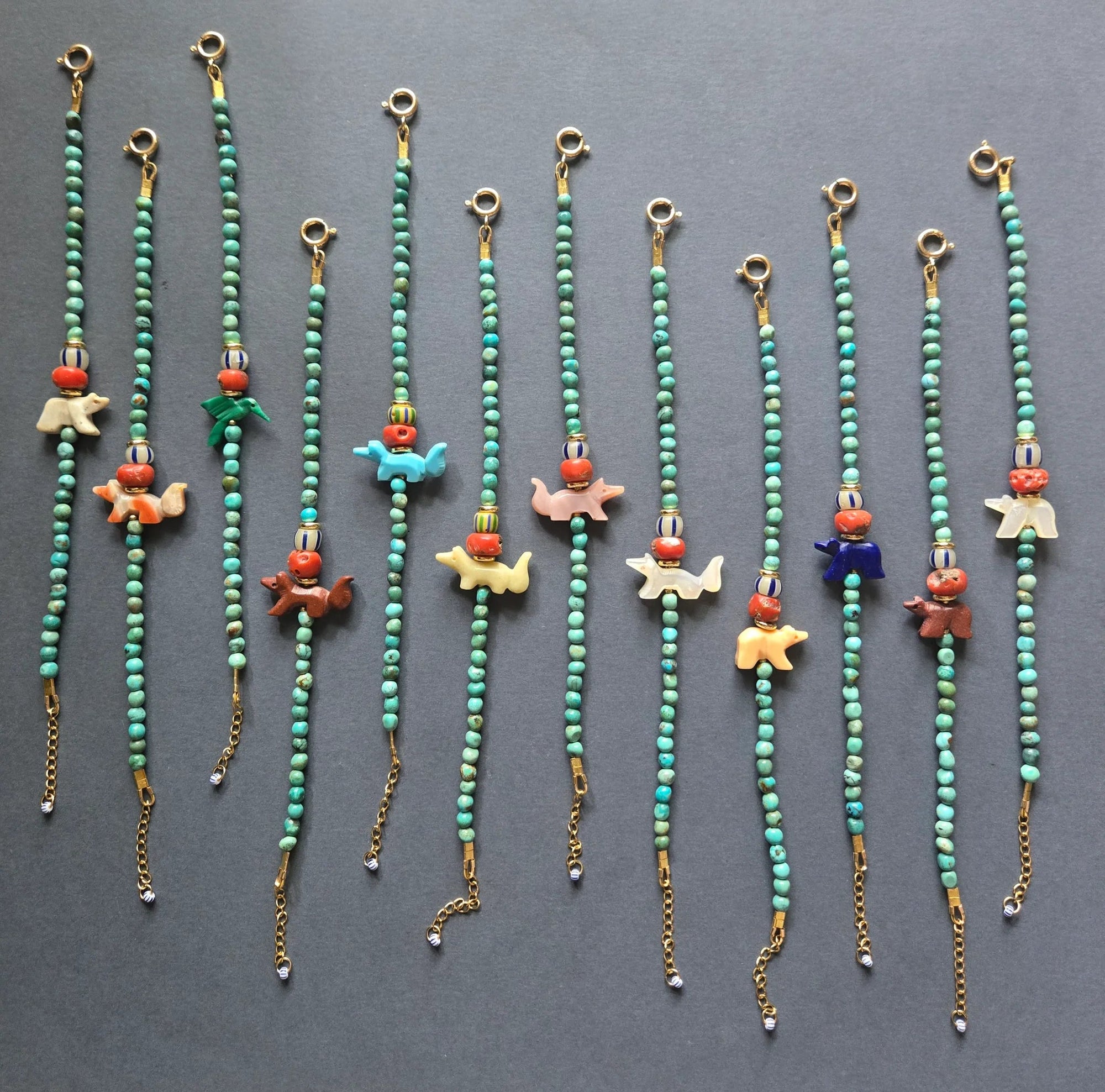 Natural Stone & Turquoise Animal Beaded Bracelet - Box Turtle