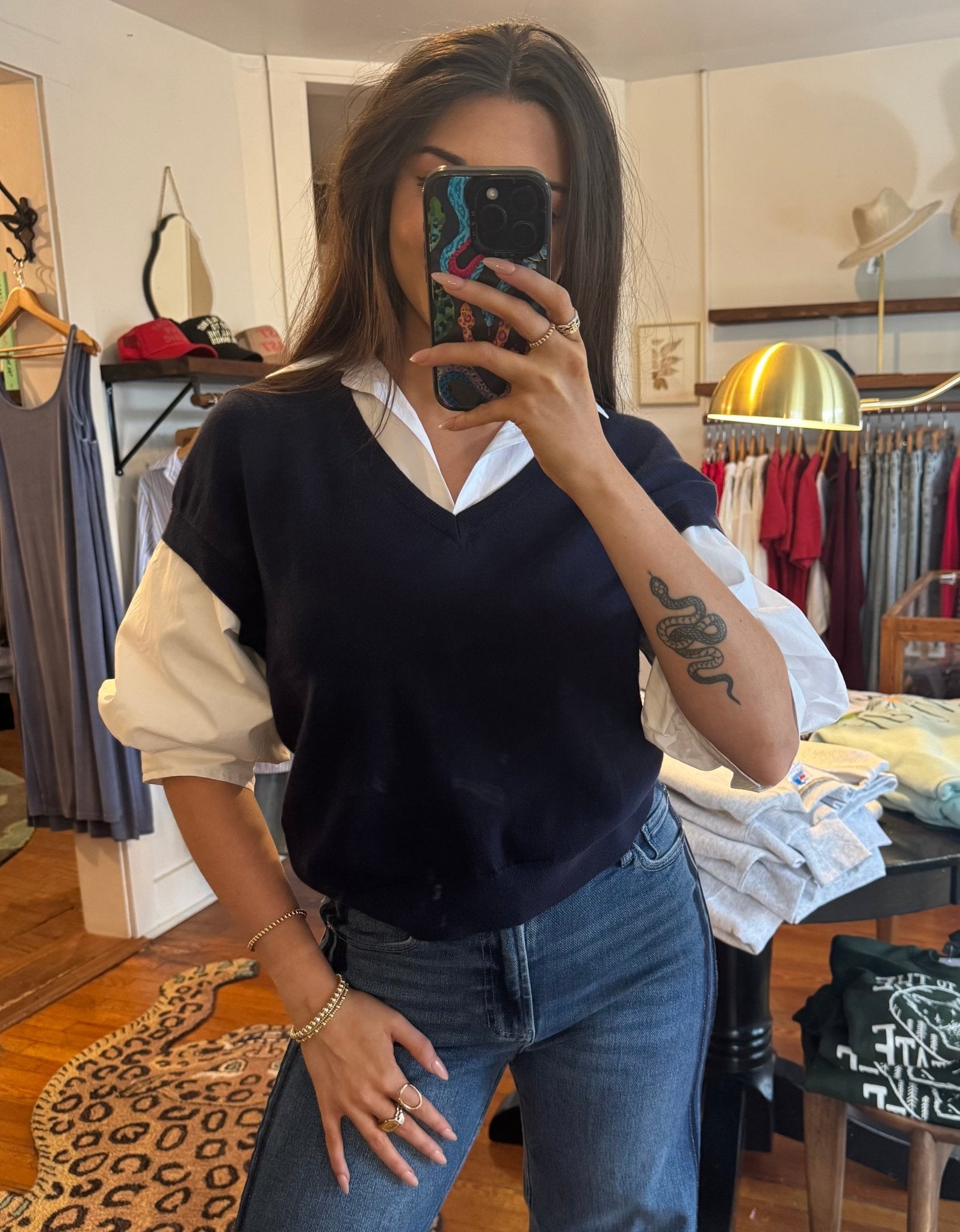 Navy &amp; White Puff Sleeve Top - Box Turtle