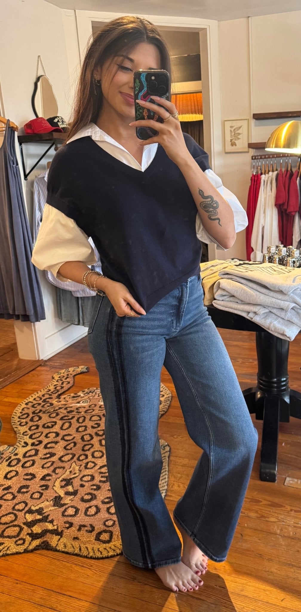 Navy &amp; White Puff Sleeve Top - Box Turtle