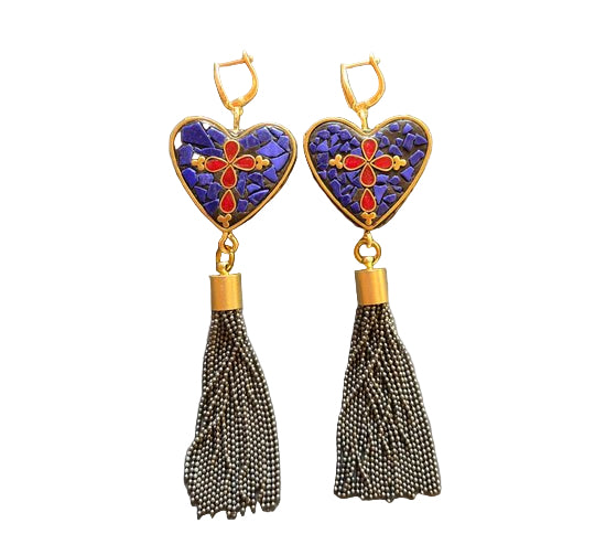 Nepalese mosaic beads with brass tassels earrings - Box Turtle