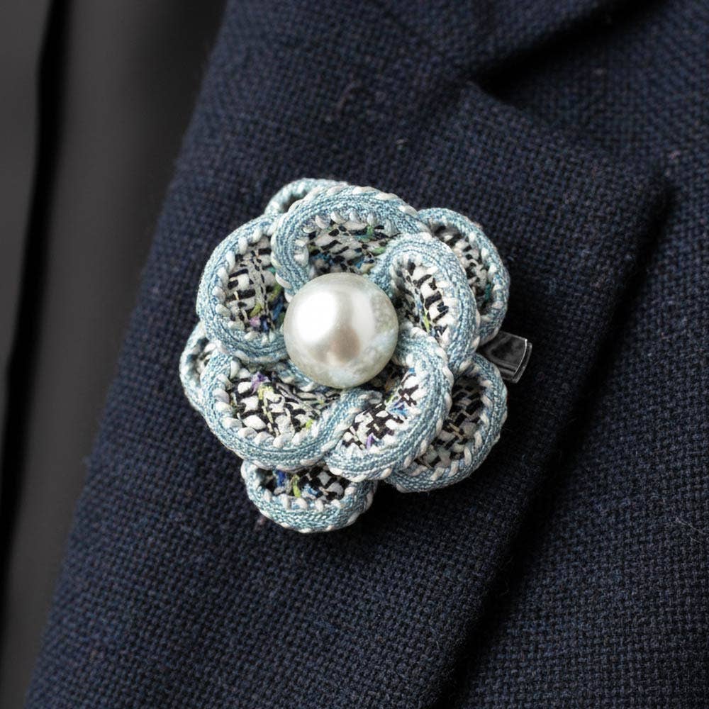 Pearl Accent Tweed Floral Brooch/Hair Clip - Box Turtle