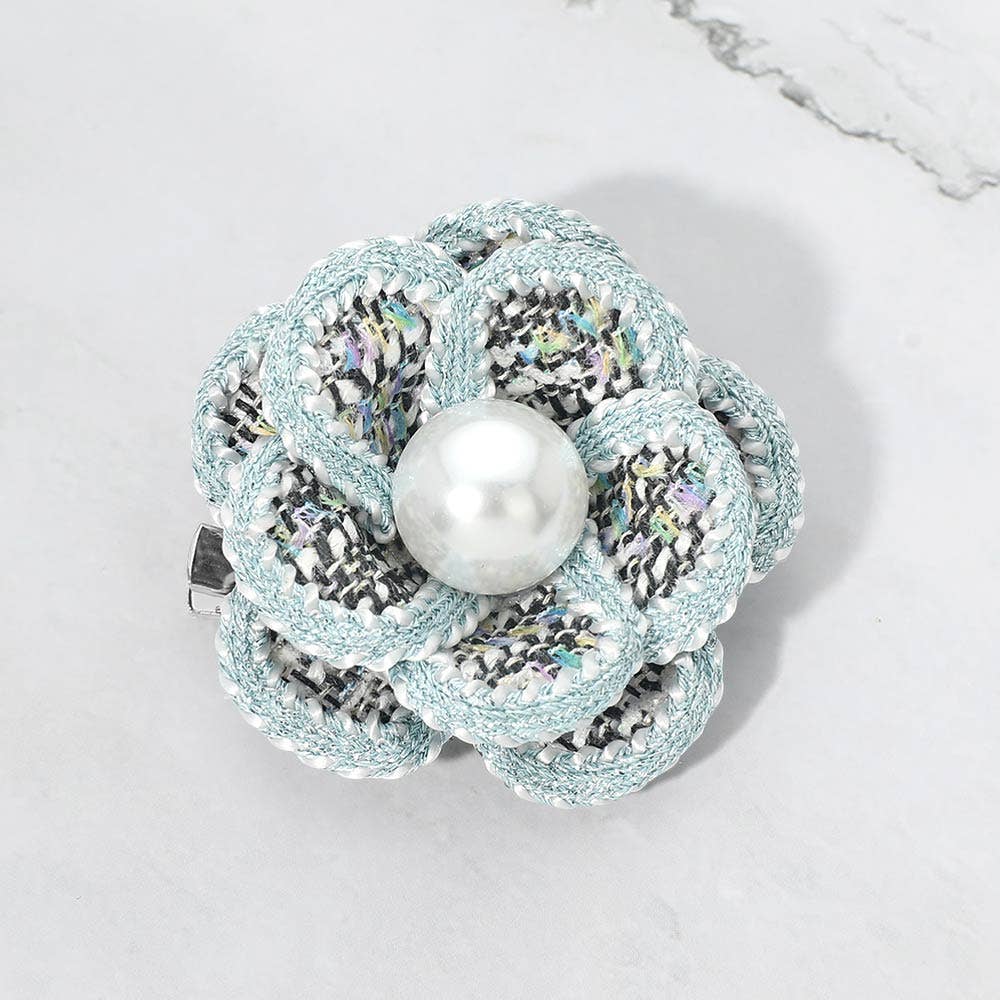 Pearl Accent Tweed Floral Brooch/Hair Clip - Box Turtle