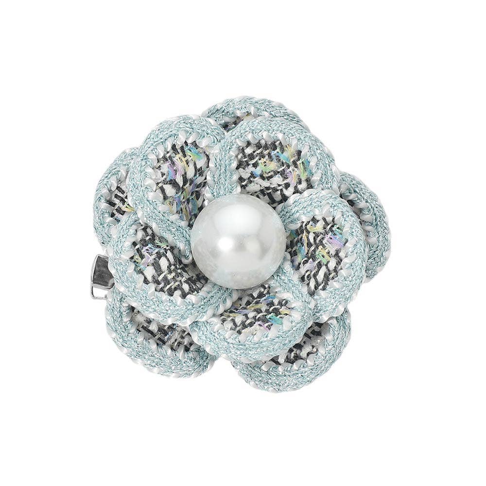 Pearl Accent Tweed Floral Brooch/Hair Clip - Box Turtle