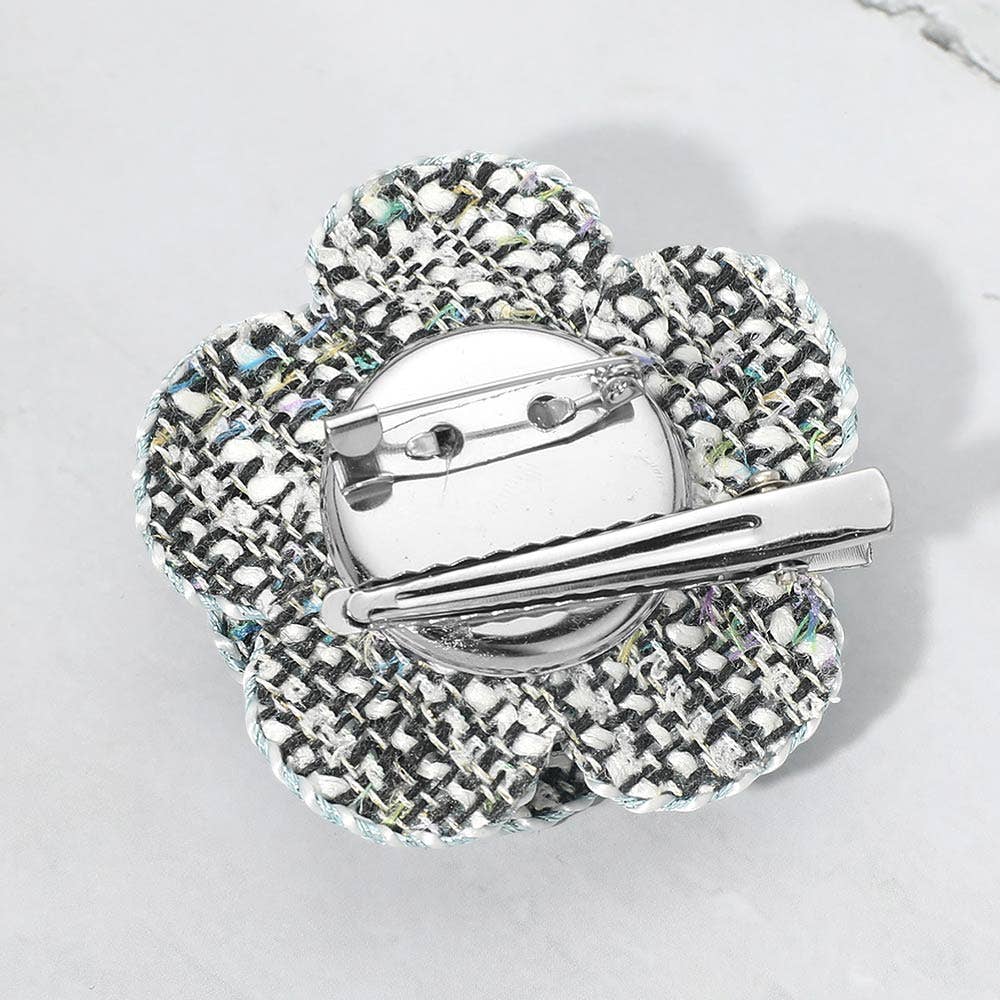 Pearl Accent Tweed Floral Brooch/Hair Clip - Box Turtle