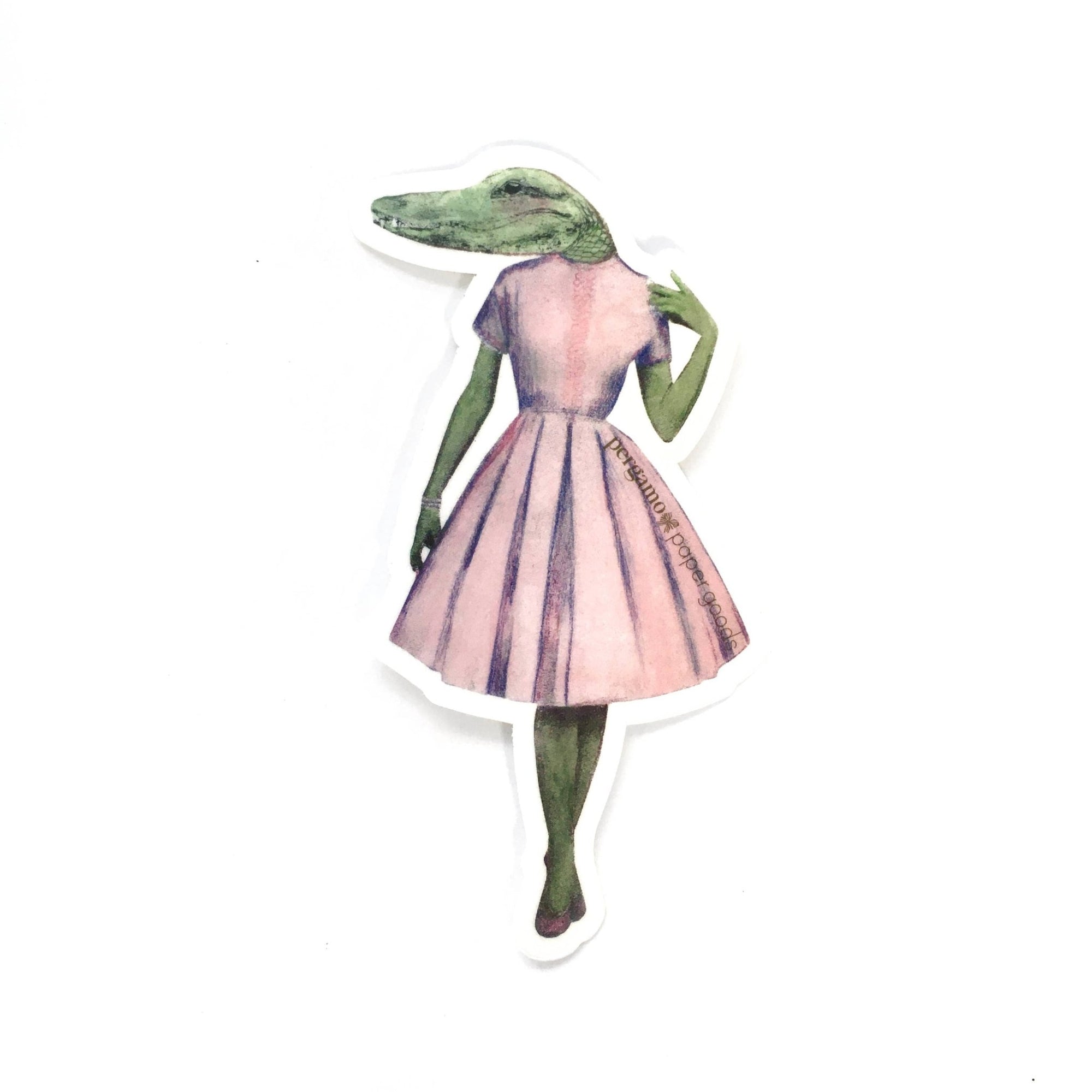 Pink Dress Alligator Lady Vinyl Sticker - Box Turtle
