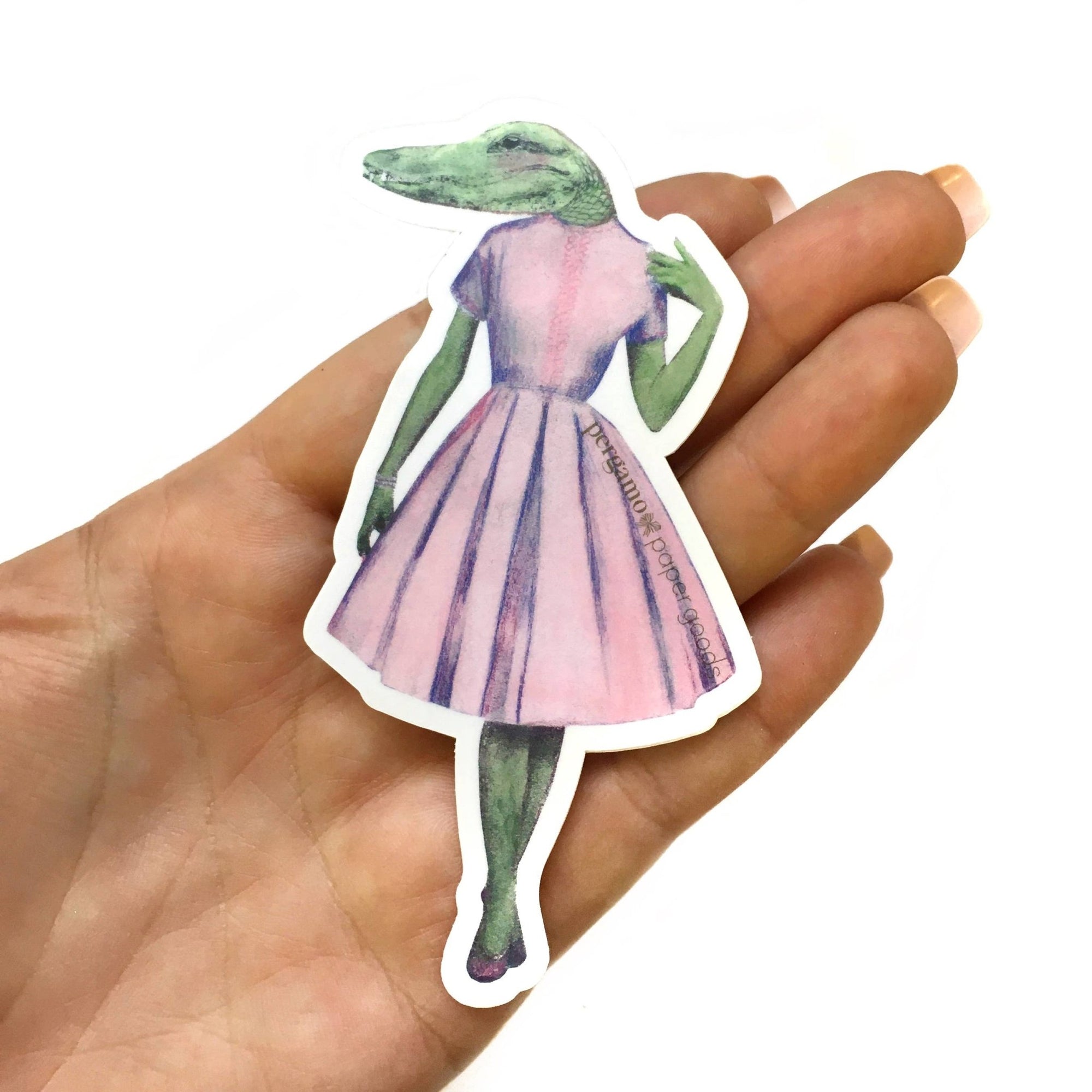 Pink Dress Alligator Lady Vinyl Sticker - Box Turtle