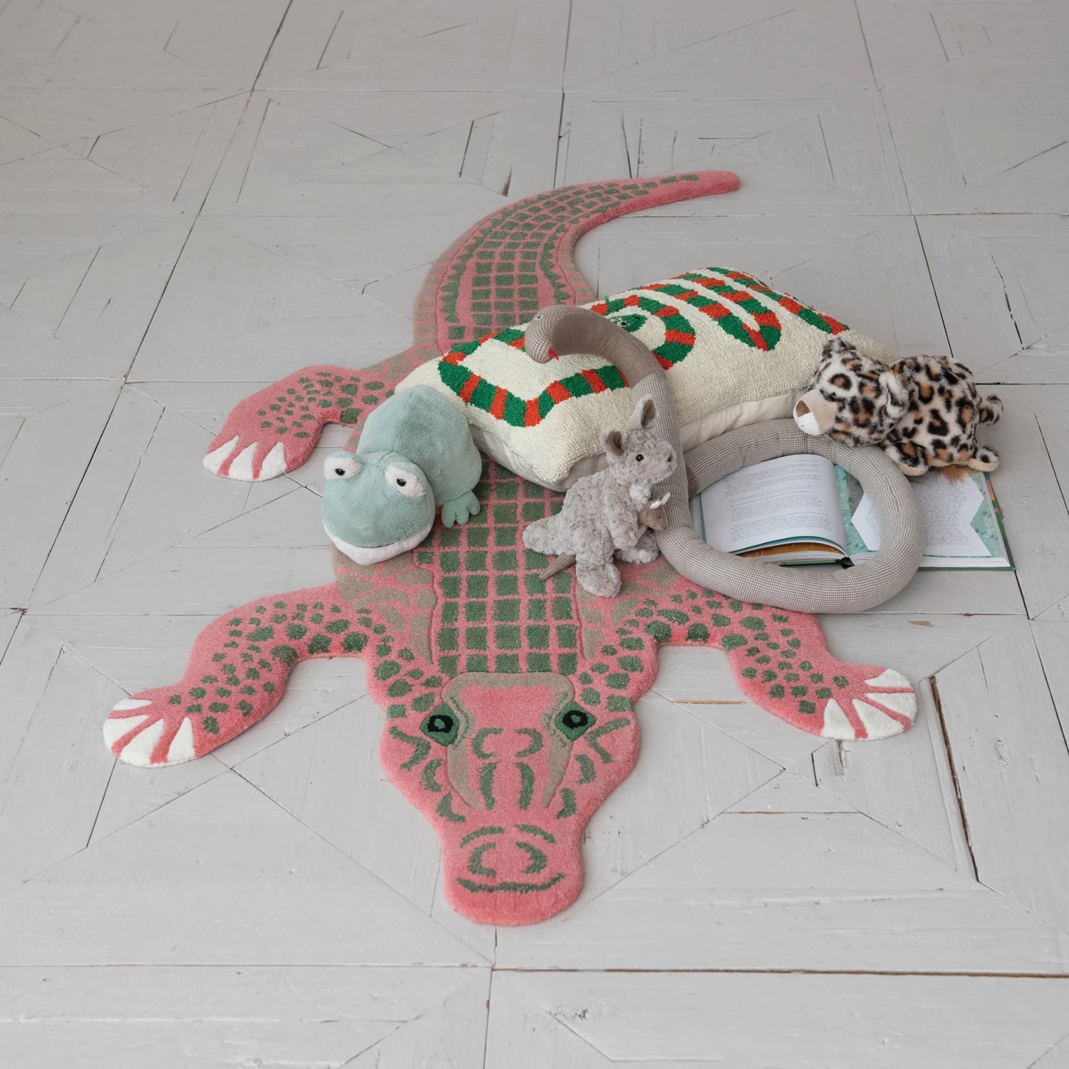 Pink & Green Wool Tufted Crocodile Rug - Box Turtle