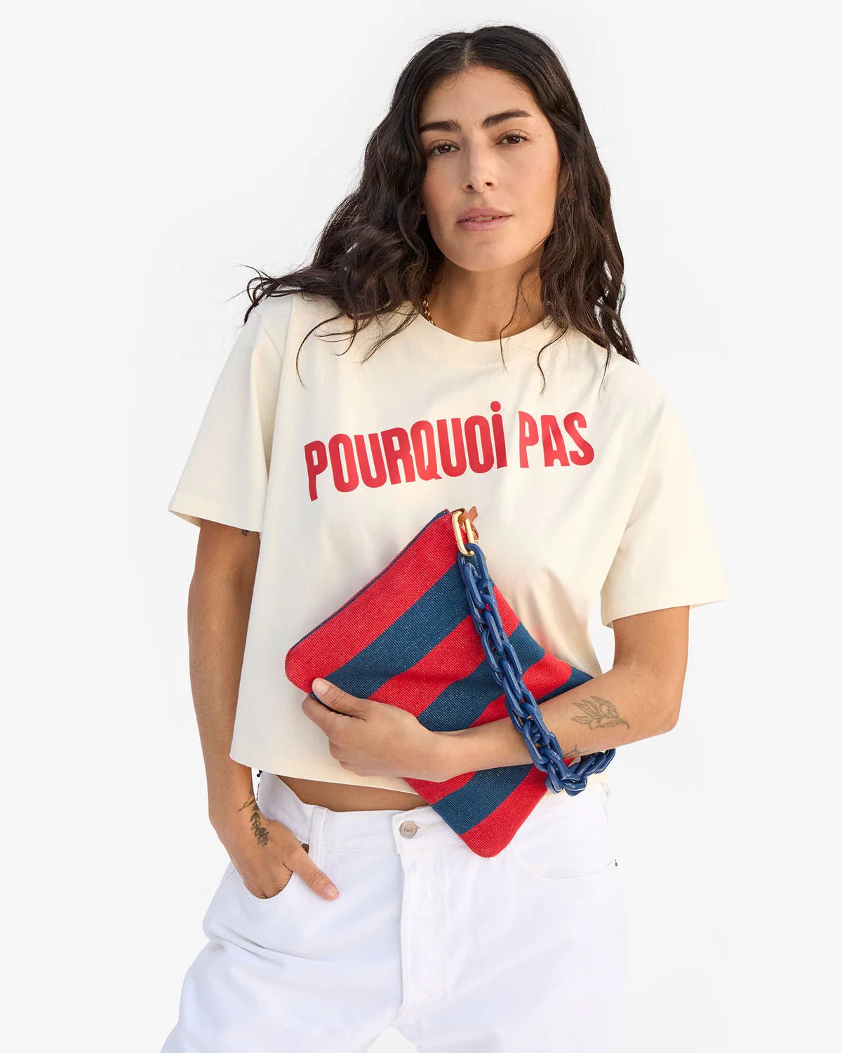 Poppy & French Blue Stripe Flat Clutch - Box Turtle