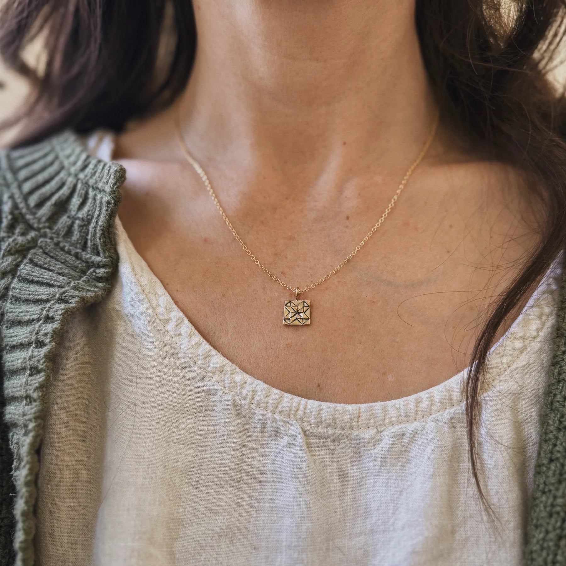 Quilt Square Pendant Necklace - Box Turtle